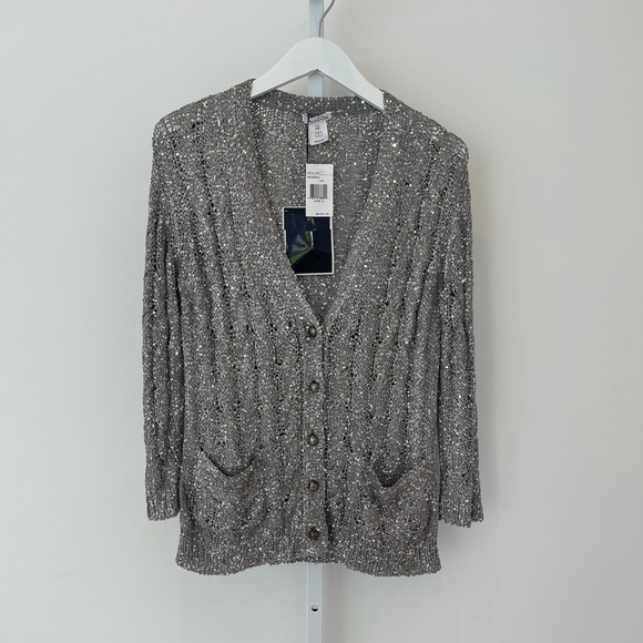 OSCAR DE LA RENTA SILVER SEQUINS SILK CARDIGAN SIZE S NWTS! - Picture 6 of 16